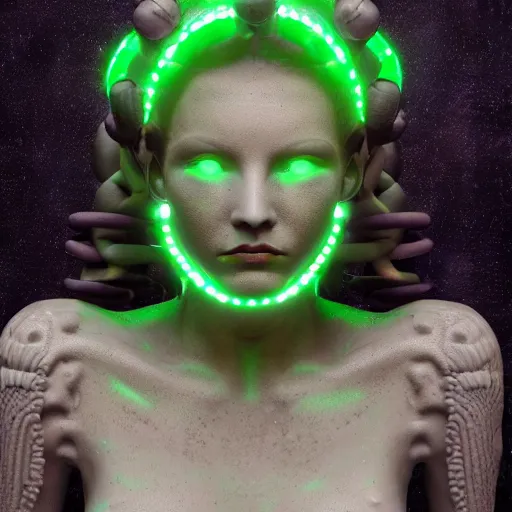 Prompt: portrait photo of a robotic gorgon medusa with borg implants, highly detailed, unreal 5 nanite, path tracing illumination, cinematic quality, 8k