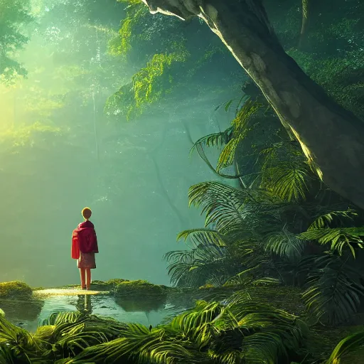 Image similar to alone person facing the desperate call of the void, organized suburb in jungle forest, unreal 5 render, vivid colors, high detail, clear weather, studio ghibli, history painting, digital art, octane render, beautiful composition, trending on artstation, award - winning photograph, masterpiece