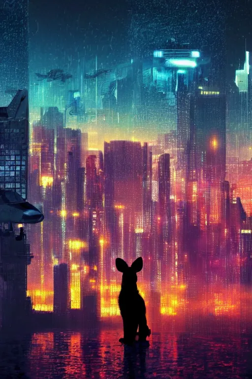Prompt: an african wild dog, silhouette against a cyberpunk cityscape, neon, mountains, mist, giant trees, tower blocks, clubs, aircraft, by paul lehr
