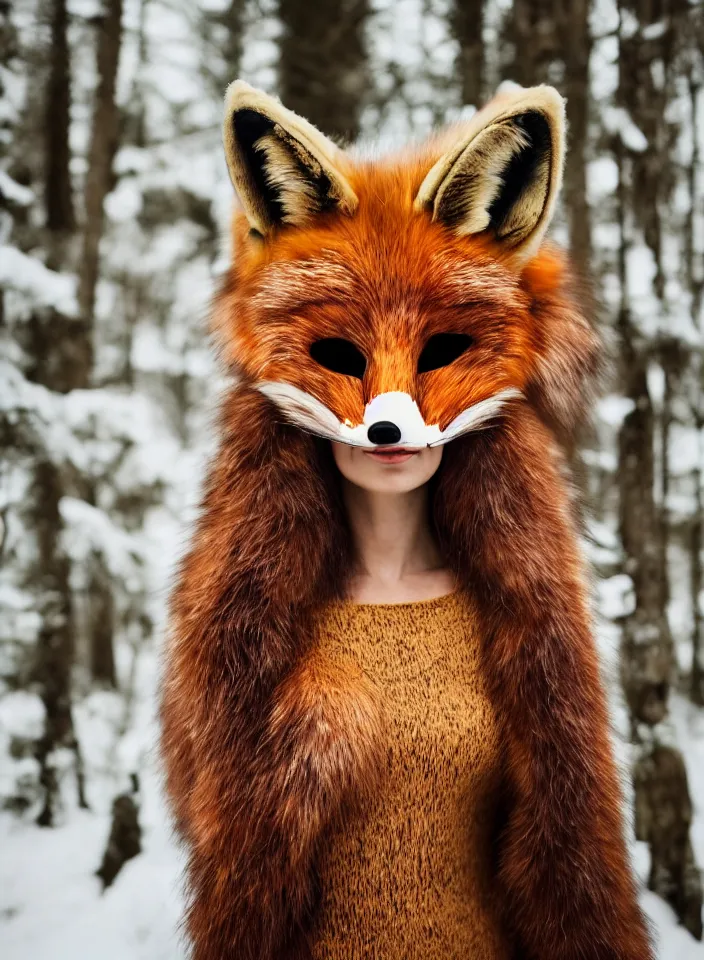 Image similar to a head and shoulders portrait of a beautiful woman wearing a realistic fox mask, long flowing hair, taxidermy, real fur, whiskers, by Nina Masic, by Flora Borsi, by Ilya Kuvshinov, 50mm f/1.4, bokeh, kodak ektar, magical forest