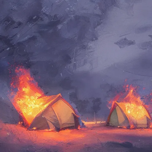 Image similar to a camp with tents on fire, burning down, shadows of 3 girls watching the camp burn, snow, dusk, painted by Sylvain Sarrailh, trending on Artstation