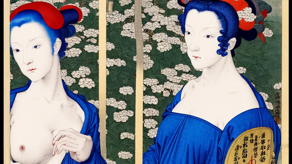 Prompt: photorealistic portrait of a woman with blue hair and big hair hair curlers, wearing a baggy pajamas, standing in a botanical garden, intricate details, highly detailed, in the style of rogier van der weyden and jacopo da pontormo, punk, masterpiece, ukiyo - e