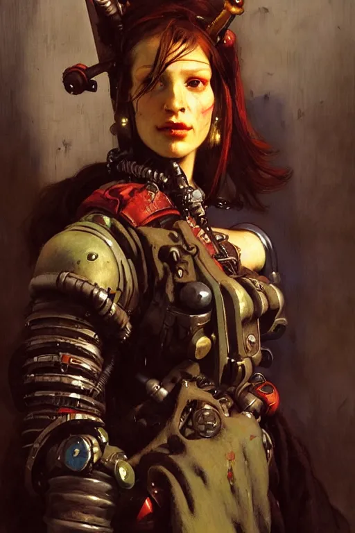 Image similar to full character portrait max mad cyberpunk warhammer 4 0 k, barbarian medic not the girl with the pearl earring character design, painting by gaston bussiere, katsuya terada, nc wyeth, greg rutkowski, craig mullins, vermeer, frank frazetta, mucha, tom of finland, trending on artstation, jeffery catherine jones