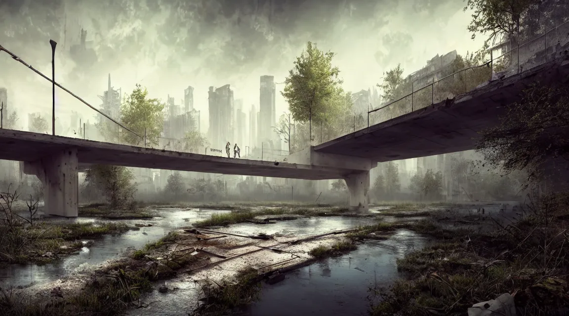 Prompt: post apocalyptic river bridge, morning, building, avenue, modern contemporary urban americana concrete architecture, by pascal blanche, neil blevins, apocalyptic color palette, trending on artstation, photorealistic, wilderness ambiance, ultra detailed, high definition, depth of field, bokeh, rubble, wild vegetation, blood stains, building crumbling