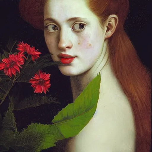 Image similar to portrait of a young woman, among the lights of golden fireflies and nature, long loose red hair, intricate details, deep green eyes, hint of freckles, round gentle face, cheeky smile with red lips, deep focus, smooth, sharp, golden ratio, hyper realistic art by artemisia lomi gentileschi and caravaggio