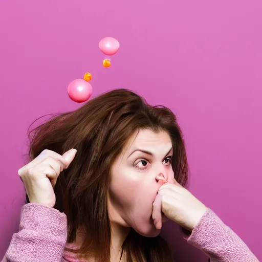 Image similar to Woman with brown hair blowing bubblegum, staring at the camera, eyes wide open, pink background