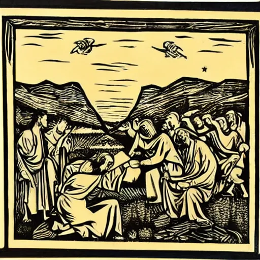 Prompt: Biblical scenes woodcut