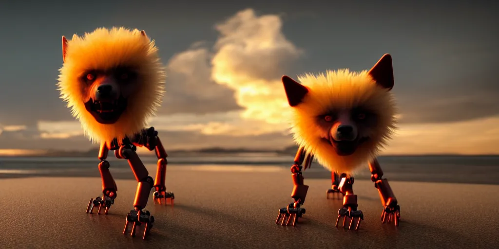 Image similar to a scary, evil, malevolent robotic canine appearance like a japanese spitz, robotic parts fused with the body and head, on a beach at sunset, this 4 k hd image is trending on artstation, featured on behance, well - rendered, extra crisp, features intricate detail and the style of unreal engine. golden hour