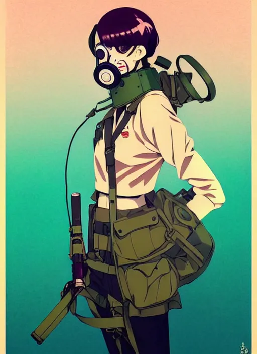 Image similar to singular girl with wearing ww 2 gas mask, ww 2 uniform, very anime!!! anime!! intricate details, aesthetically pleasing pastel colors, smoke poster background, art by conrad roset and ilya kuvshinov