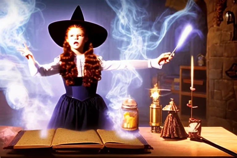 Image similar to close up portrait, dramatic lighting, teen witch calmly pointing a magic wand casting a spell over a large open book on a table with, short hair, cat on the table in front of her, sage smoke, a witch hat cloak, apothecary shelves in the background, still from the wizard of oz