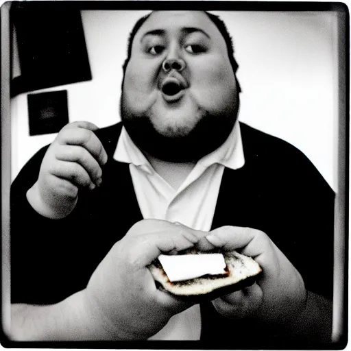Prompt: a black and white film snapshot of a fat man biting into a sandwich. holga, lomo, lomography, retro, toy camera, film, plus - x, vintage, photo