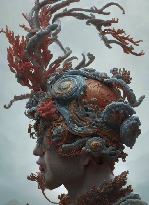 Image similar to Helmet of a forgotten Deity, corals, ribbons made of seaweed, extremly detailed digital painting, in the style of Fenghua Zhong and Ruan Jia and jeremy lipking and Peter Mohrbacher, mystical colors, rim light, beautiful lighting, 8k, stunning scene, raytracing, octane, trending on artstation