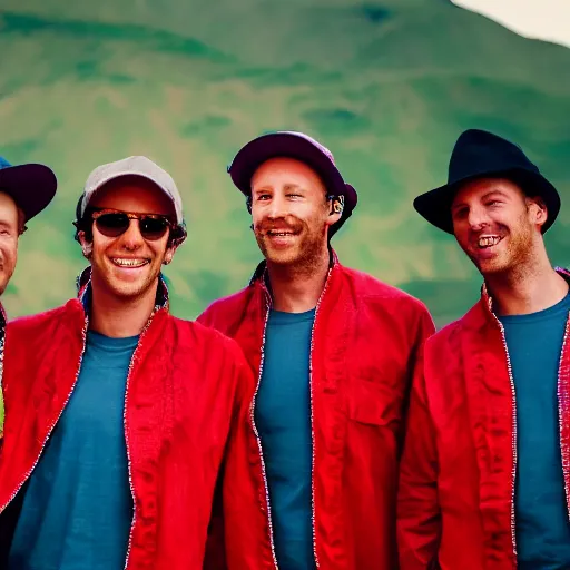 Image similar to Coldplay in Peru wearing panchos and smiling, photorealistic, photography, 14 mp