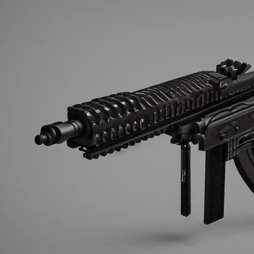 Image similar to extremely detailed side view of a sci fi rifle, chemically propelled, railgun, bullpup, with tubes and wiring, ultra quality, realistic, octane render