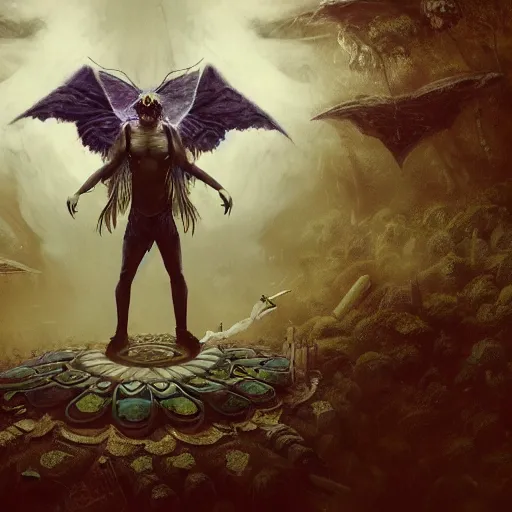 Image similar to scary , epic , Post-processing , low angle , Greg rutkowski legendary matte painting , masterpiece , 8K centered headshot Portrait of a psychedelic godlike mothman posing with a cigar with giant mandala wings smoking a hand-rolled cigarette smoking heavily , magic mushroom village in background , post-processing , award winning. superb resolution. in the art style of Satoshi Kon and Greg Rutkowski , Detailed Mushroom city in background , Hyper realistic anime , Perfect art , Dalle2