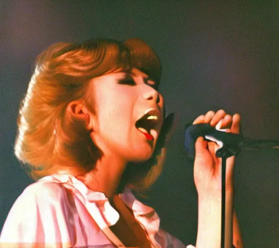 Image similar to photo of singer singing in an japan 1 9 8 0 pop big concert, photo by louise dahl - wolfe, color photo, colored