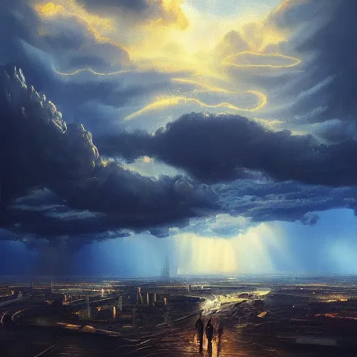 Image similar to oil painting of a futuristic city near to a big lake, dramatic storm clouds, sunrays, dramatic, very very very beautiful art, cinematic lighting, romanticism by goya, bright pastel color, blue sky