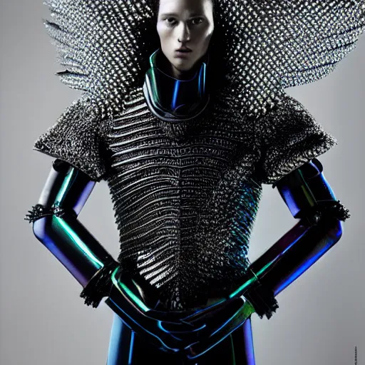 Image similar to a young beautiful male wearing a translucide iridiscent armor, photographed by Erwin Olaf for Vogue