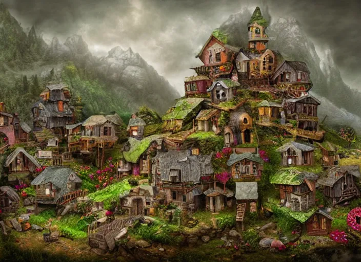 Image similar to dwarf - village built into a mountain, lowbrow, matte painting, 3 d highly detailed, in the style of mark ryden,