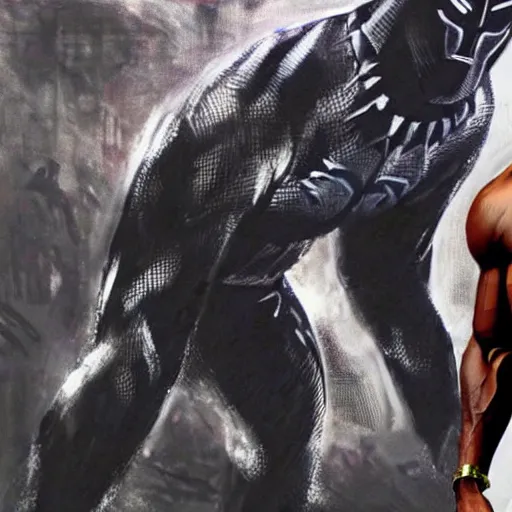 Image similar to chadwick boseman looking at a black panther, yoji shinkawa, tattoo design