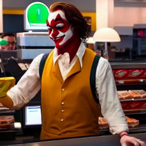 Image similar to joaquin phoenix joker working as a cashier at mcdonalds