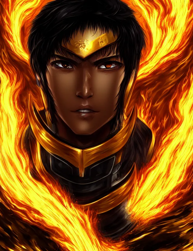 Image similar to a detailed manga portrait of a black haired man with hazel eyes in gleaming golden armour that burns with golden fire, trending on artstation, digital art, 4 k resolution, detailed, high quality, sharp focus, hq artwork, coherent, insane detail, character portrait