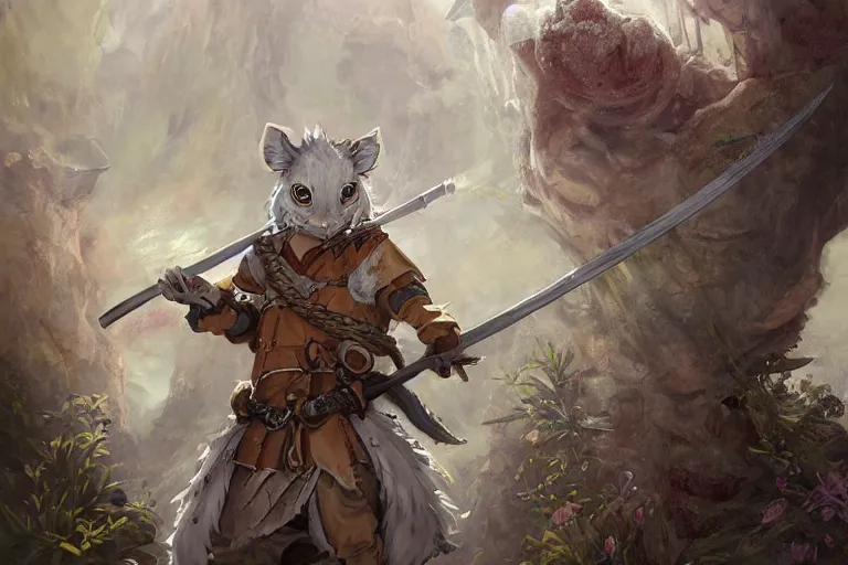 Prompt: dungeons and dragons fantasy painting, portrait of an ahigaru mouse with a matchlock, tanegashima, whimsical and cute, determined expression, watery eyes, anime inspired by krenz cushart, light grey fur, tufty whiskers, feathered arrows, bamboo forest, dawn lighting, by brian froud jessica rossier and greg rutkowski