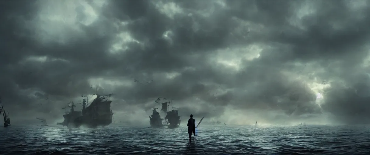 Image similar to a pirate standing on his ship a giant monster craft merging out of the water, beautiful dramatic moody lighting, cinematic atmosphere, high detail, 8k, ornate, dark fantasy, masterpiece, complex, film still from the movie directed by Denis Villeneuve with art direction by Gregory Crewdson, Joel Sternfeld