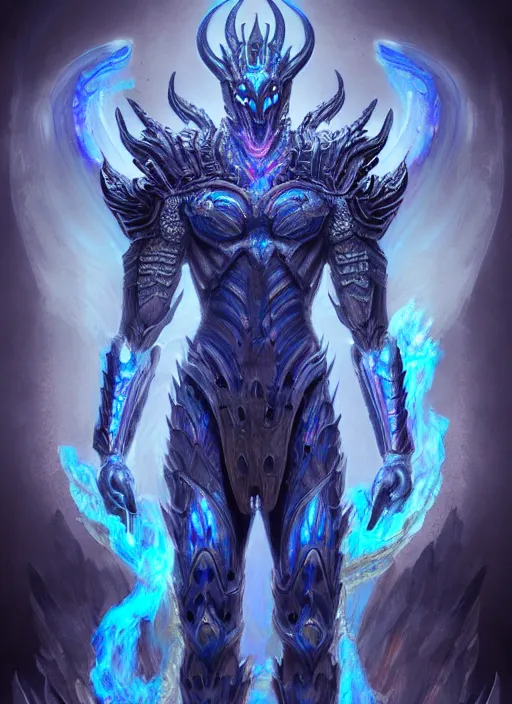 Image similar to muscular and tall blue ghostly fire humanoid dragon!!!! draconian!! intricate ornate iridescent heavy armor!! character concept art, sharp focus, octane render! unreal engine 5! highly rendered!! trending on artstation!! detailed linework!! illustration by artgerm, wlop, and chie yoshii