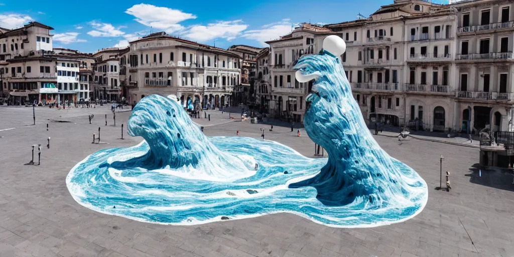 Prompt: A white and blue marble sculpture of The Great Wave off Kanagawa in the middle of an empty Italian piazza without people, midday, 4k photograph, sunny day, long shot