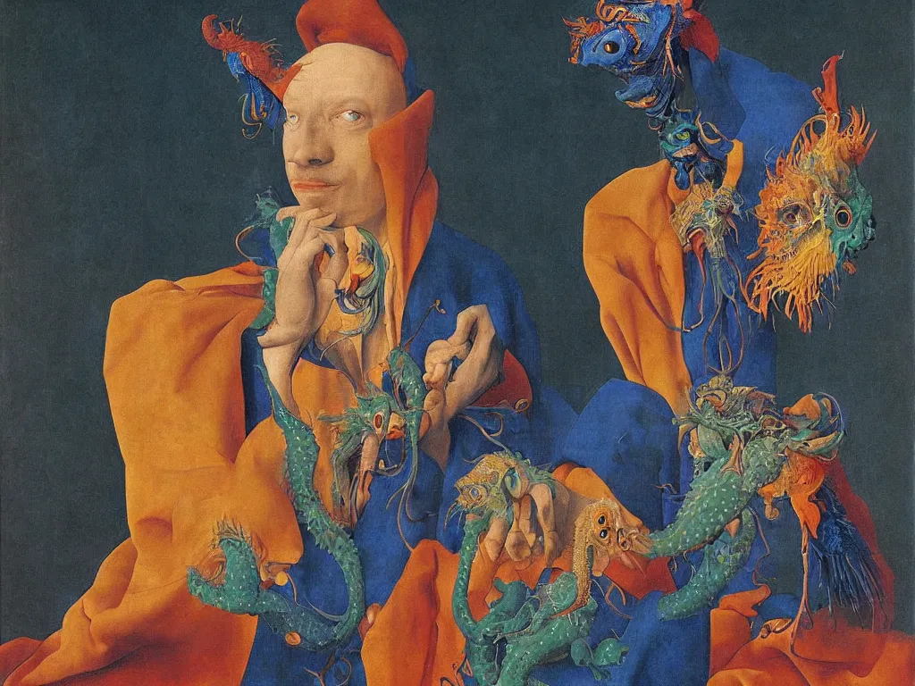 Prompt: Portrait of albino mystic with blue eyes, with exotic beautiful Mandarin Dragonet. Painting by Jan van Eyck, Audubon, Rene Magritte, Agnes Pelton, Max Ernst, Walton Ford