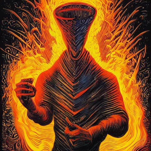 Image similar to anthropomorphic god of fire, surreal by dan mumford and umberto boccioni, oil on canvas