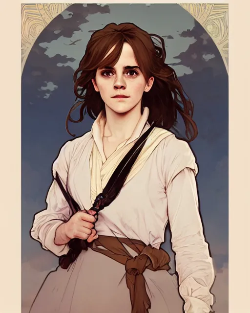 Image similar to Poster artwork, Emma Watson as Hermione Granger, medium shot, details, sharp focus, illustration, by Jordan Grimmer and Alphonse Mucha and greg rutkowski and PiNe(パイネ) and 薯子Imoko and 香川悠作 and maya takamura, intricate, beautiful, Trending artstation, pixiv, digital Art