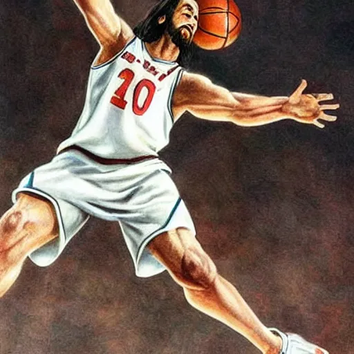 Image similar to jesus playing basketball, hyper realistic, highly detailed,