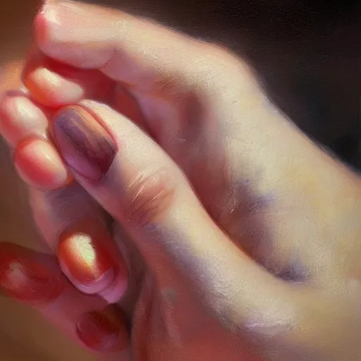 Image similar to super close - up of a beautiful woman's hand, morning, highly detailed, ultrarealistic oil painting, vladimir volegov, artstation
