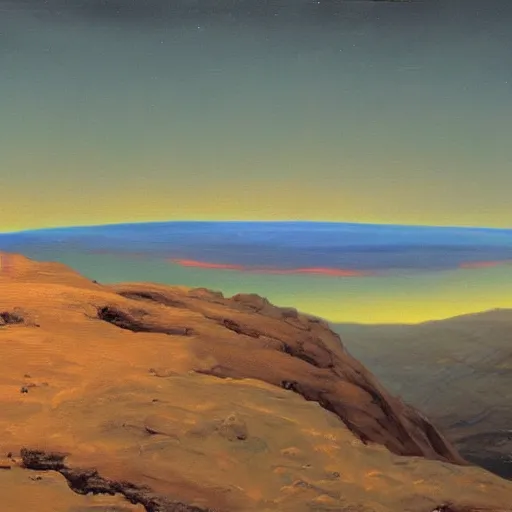 Image similar to oil painting, view from the surface of mars of mount olympus