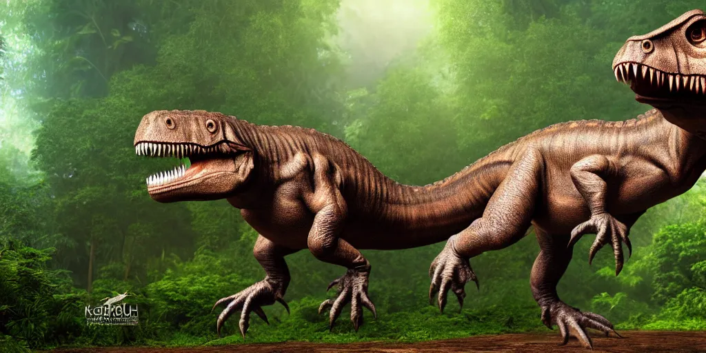 Image similar to photo realism, small tyrannosaurus rex, big human, background jungle, 4 k