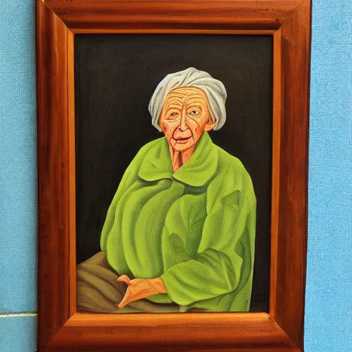 Image similar to painting of a wrinkled old woman, appalachian folk art