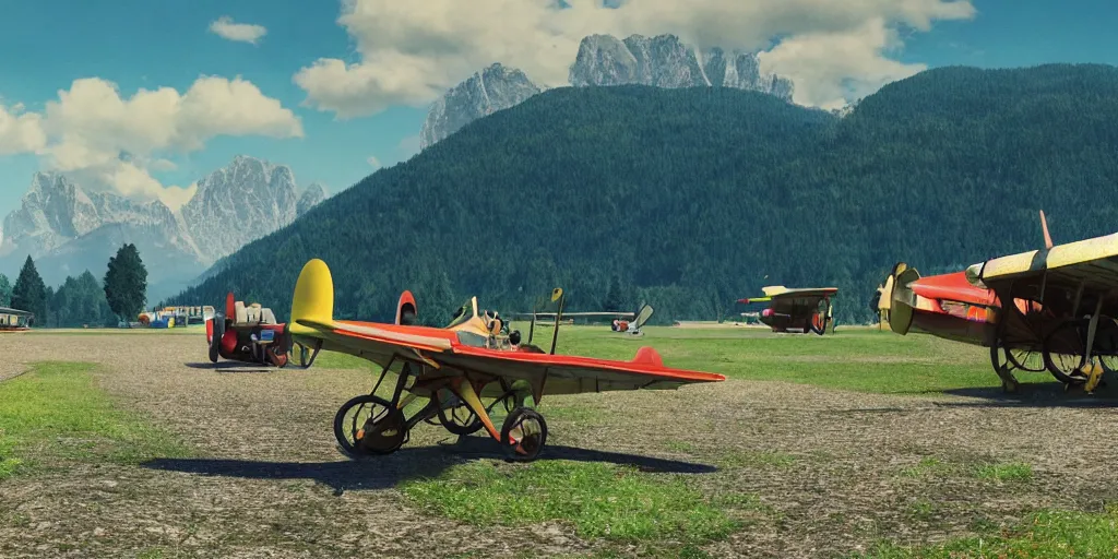 Prompt: a ultra photorealistic and sharp film still of an a sunny and colourful airfield in 1 9 1 6 in the middle of the bavarian alps, germany. wide shot, frog perspective, wes anderson, studio ghibli, pixar and disney animation, octane render, anime key art by greg rutkowski, dramatic lighting, award winning photography