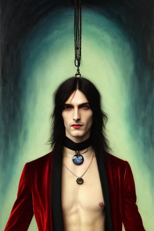 Image similar to a beautiful androgynous man, long hair, tall and thin, soft features, sly, dressed in velvet, rock star, wearing several pendants and a choker, illustration, dramatic lighting, soft details, painting oil on canvas, art nouveau, octane render, hdr, 4 k, 8 k, hd, by edmund blair leighton, brom, charlie bowater, faces by otto schmidt