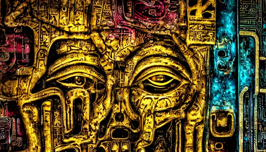 Prompt: h. r. giger hieroglyphs, sorrow intense likely, acid neochrome rainbow gold chrome metal metallic, sense of decay given, throw into the abyssal despair, various refining techniques, micro macro auto focus, top photography photo art gallery, realistic photo, insane detail