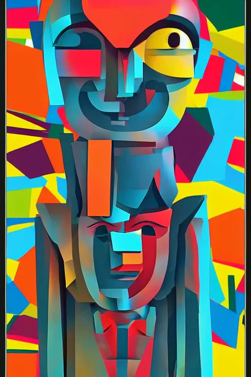 Image similar to cubist moai statue cutout digital illustration cartoon colorful beeple