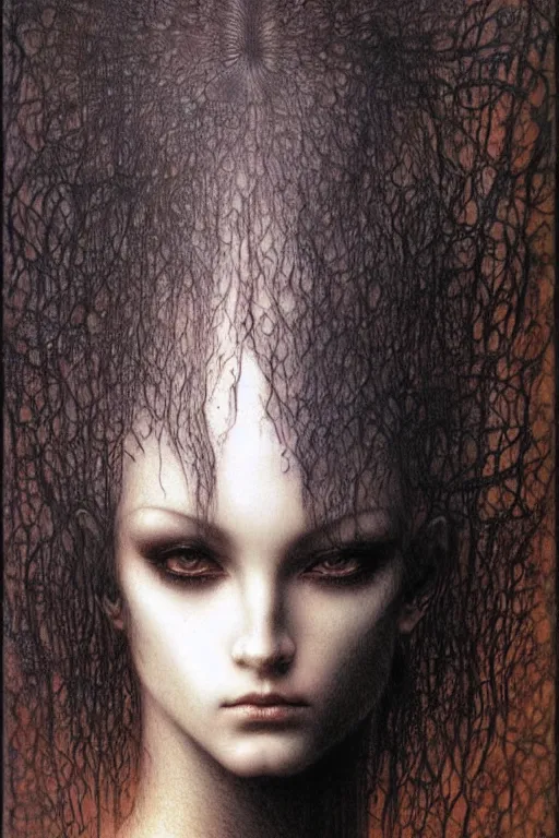 Image similar to portrait of young female, front view, black short hairs, tattoo, fantasy, intricate, jean delville, luis royo, beksinski