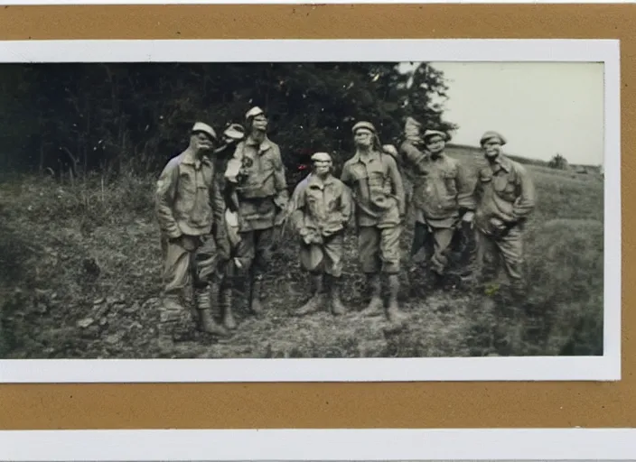 Image similar to found polaroid picture of a world war two 2 legs mech war machine and us soldiers