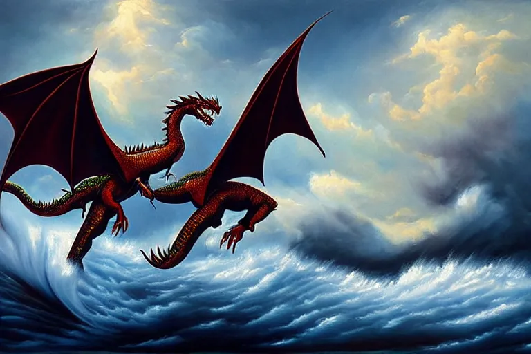 Image similar to a vast oil painting of two storm dragons dueling above the snowy peaks, hyper realistic, vivid, highly detailed, many colors