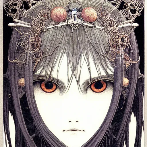 Prompt: prompt: Fragile looking vessel portrait soft light drawn by Takato Yamamoto, inspired by Fables, weapons around the face ancient dark chrome knight armor, magical and alchemical objects on the side, soft light, white background, intricate detail, intricate oil painting detail, sharp high detail, manga and anime 2000