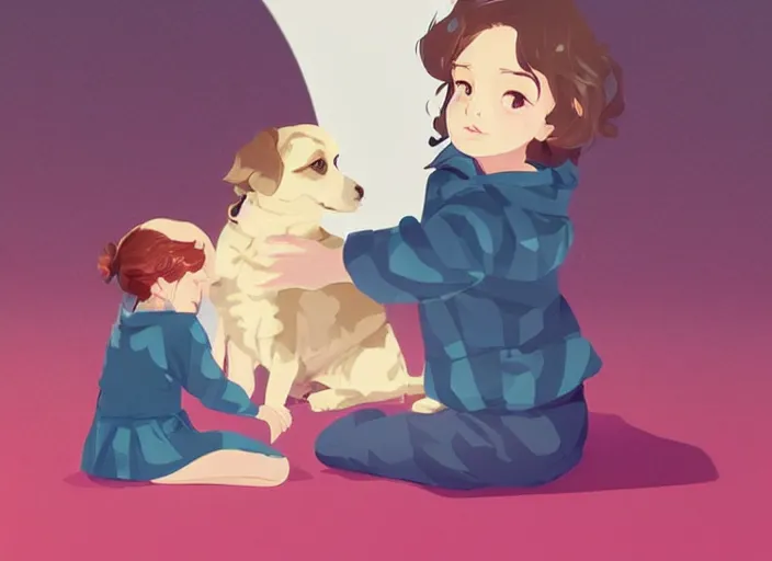 Prompt: a little girl with short wavy curly light brown hair is sitting next to a puppy. clean cel shaded vector art. shutterstock. behance hd by lois van baarle, artgerm, helen huang, by makoto shinkai and ilya kuvshinov, rossdraws, illustration, art by ilya kuvshinov