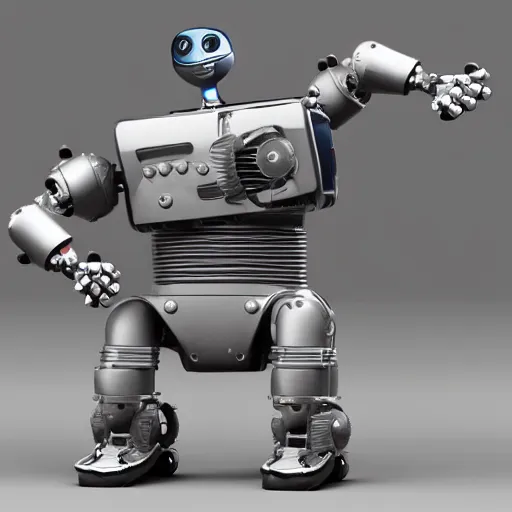Prompt: a cool mechanic robot chick, with a tv head and gears and bolts everywhere on its body, doing karate moves in the air and swinging an electric guitar, 3 d render by pixar and disney