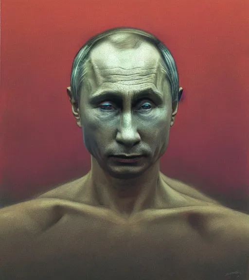 Image similar to Portrait painting of Vladimir Putin crying and suffering in a style of Beksinski.
