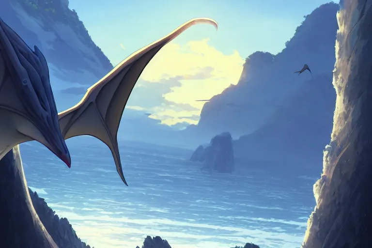 Image similar to a closeup of a large smooth skinned white creature hybrid pterosaur alien, small quills along it's back, long fangs, sitting on a cliff high in the sky, sunset, backlit, beautiful composition, over a rocky shore, jagged rocks in the far distance, by makoto shinkai an krenz cushart